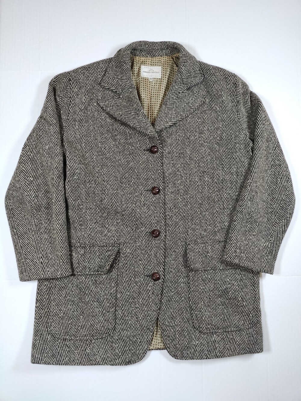 Armand Ventilo Women Beige Herringbone 100% Wool Overcoat Made In France Size 12